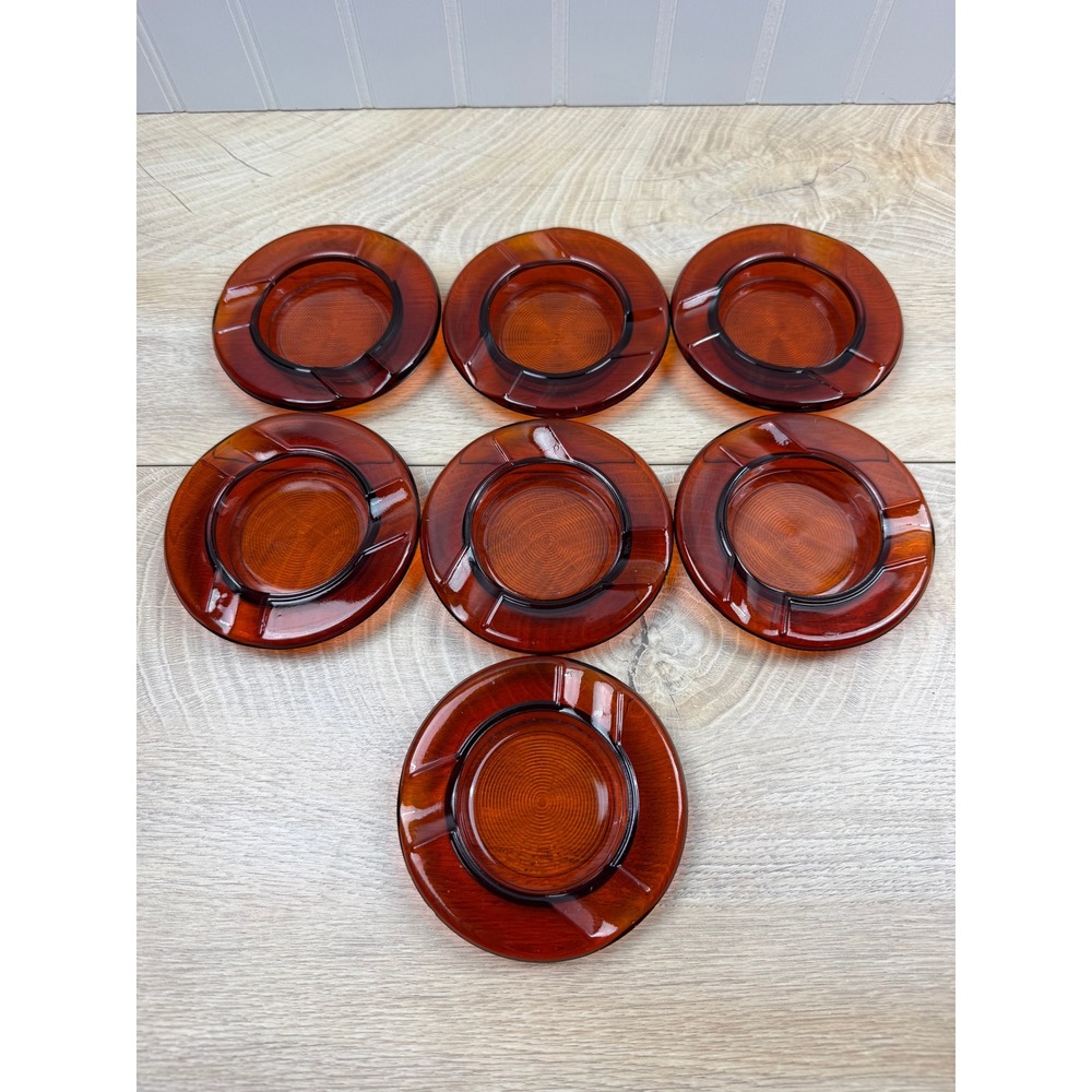 Vintage Amber Glass Ashtray Set 7 Retro MCM Round Red Orange Barware 3.5in
